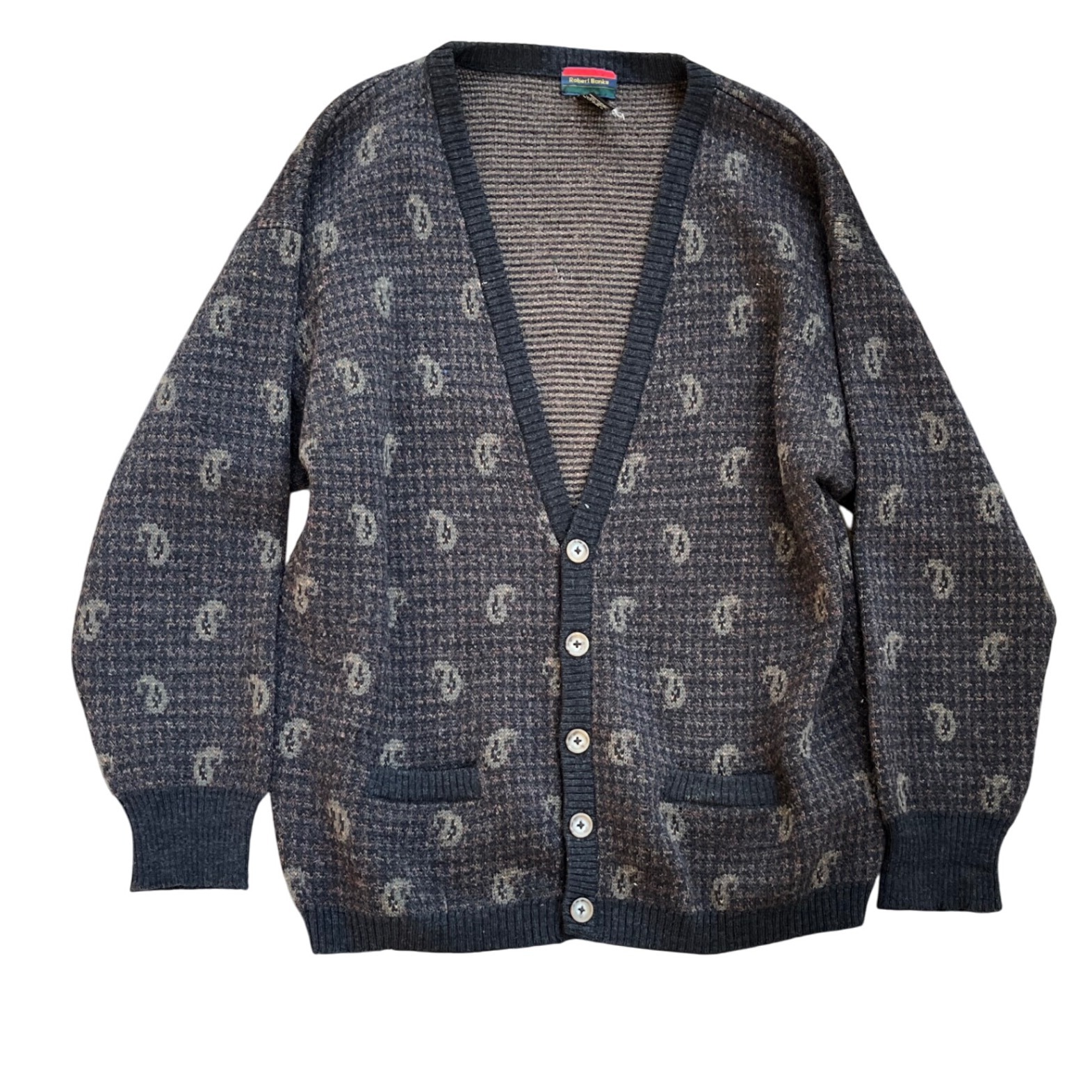 Vintage Robert Banks Merino Wool Paisley Cardigan Sweater Grandpa Knit, Size Xl